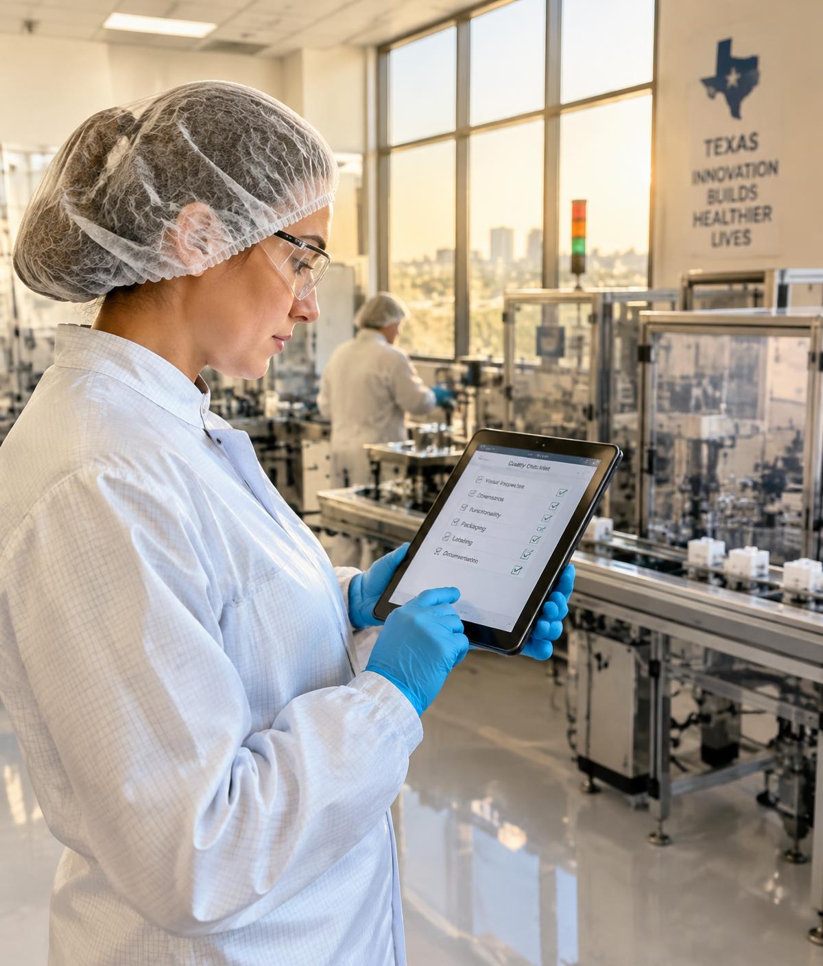 Quality specialist reviewing a compliance checklist on a medical device line